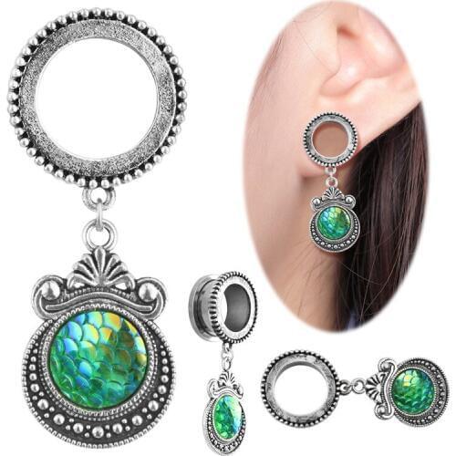 New retro color fish scale Fashion Surgical Steel Dangle Screw Ear Plug Saddle Flesh Tunnel Ear Gauge Expander