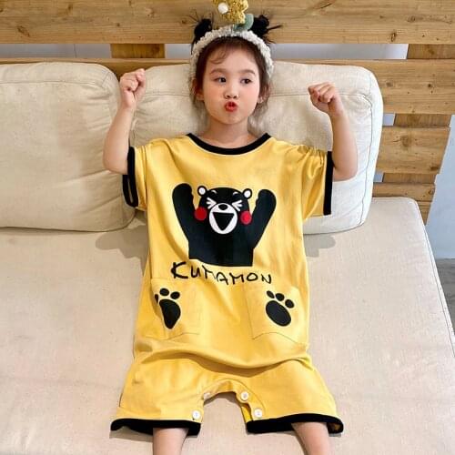 Children Pajama jumpsuits Boys Girls Cartoon Cow Kumamoto Printing Sleepwear One-piece Pyjamas Short Sleeve Household Clothes