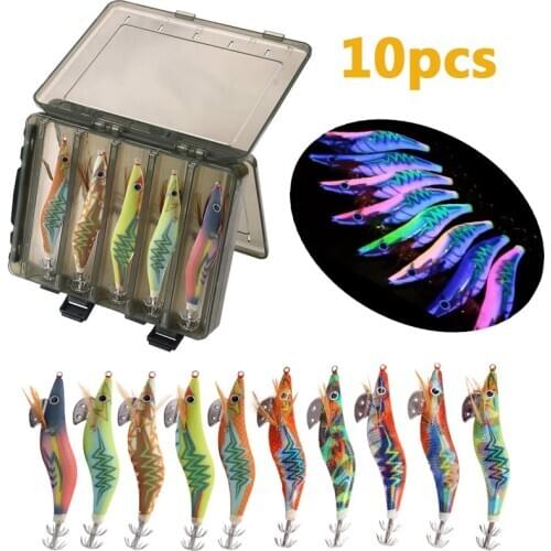 10pcs/Box Luminous Body Squid Jigs Hooks Octopus Cuttlefish Shrimp Baits Fishing Lures Wood Shrimp With Plastic Box