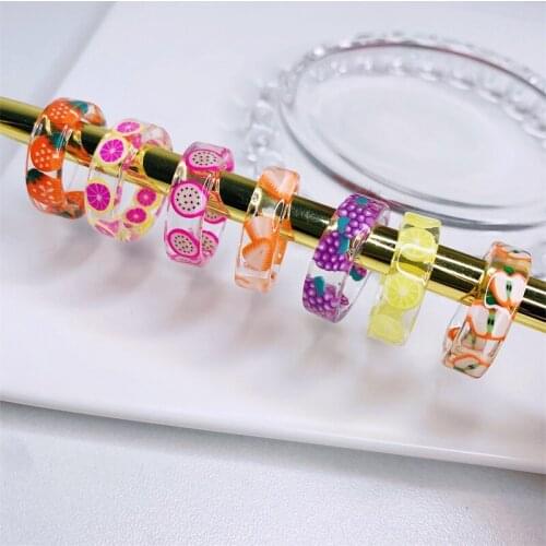 Transparent Acrylic Resin Fruit Rings Women Girl DIY Craft Material Inside Summer Stawberry Strawberry Lemon Finger Ring Jewelry
