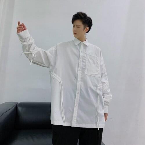 Plus Size Youth fashion male versatile youth long sleeve loose drawstring pointed collar casual versatile show thin shirt