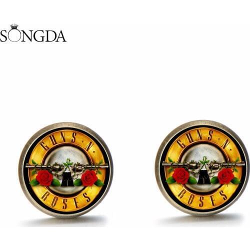Steampunk Guns N' Roses Band Stud Earrings Gothic Skull Rock Band Symbol Glass Gem Ear Stud Hip Hop Jewelry for Men Women