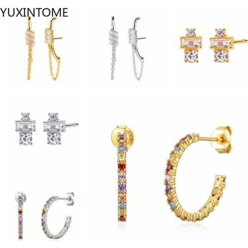 YUXINTOME Stud Earrings 925 silver needle Moon Rainbow Zircon Big Earring for Women Zircon pendientes plata 925 Jewerly A30