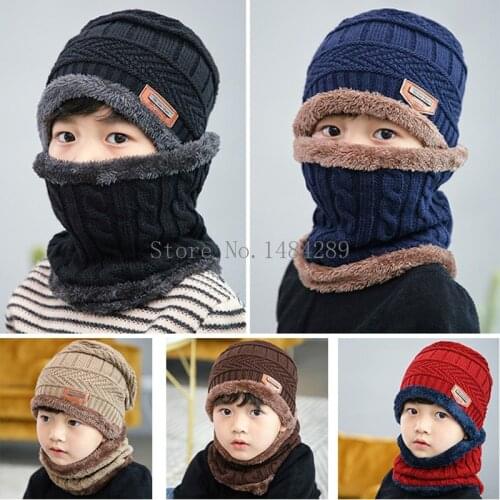 2pcs/set Knitted Scarf Hats Kids Turban Beanie Cotton Wool Fur Caps Children Girls Boys Elastic Autumn Winter Soft Warm Hat