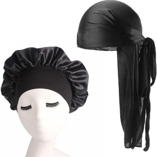 Unisex Men Silk Durag Match Silky Bonnet for Women 2pcs set night sleep cap Men Bandanas Turban Hat Long Tail Do Durag Waves Cap