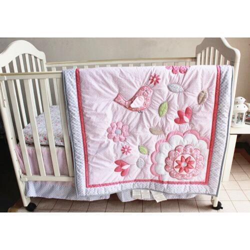 Discount! 7pcs Embroidered baby cot bedding set 100% cotton baby cot sets baby bed ,include(bumpers+duvet+bed cover+bed skirt)