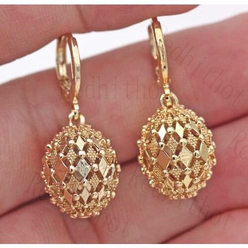 18K Gold Filled Earrings Rhombus Hollow Sphere Dangle Fashion Women Stud Hoop
