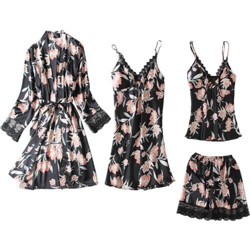 4PCS Pajamas Sleep Set Womens V-Neck Cami Pijama Sexy Bathrobe Kimono Nighty Robe Gown Suit Spring Sleepwear Wear Home Clothes