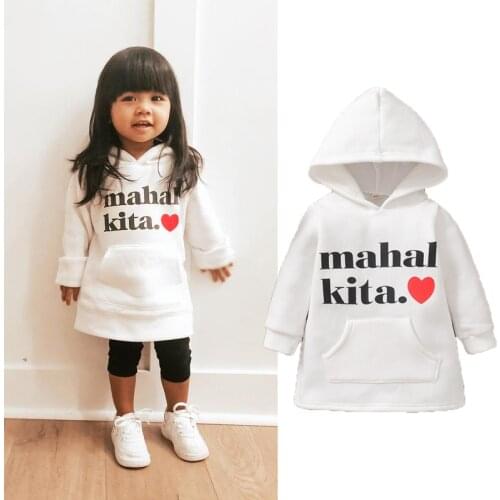 1-6Y Fashion Toddler Baby Girls Hooded Sweatshirt Dress Long Sleeve Letter Printed Pullover Straight Knee Length Pocket Dress
