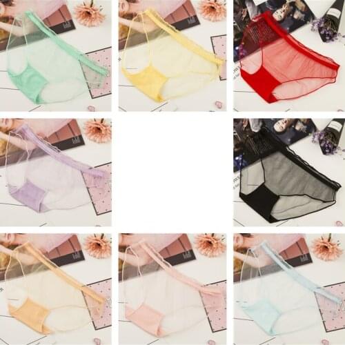Women`s sex sweet transparent mesh underwear cotton crotch Ladies mid-waist briefs teen girl kawaii lingerie cute panties femme