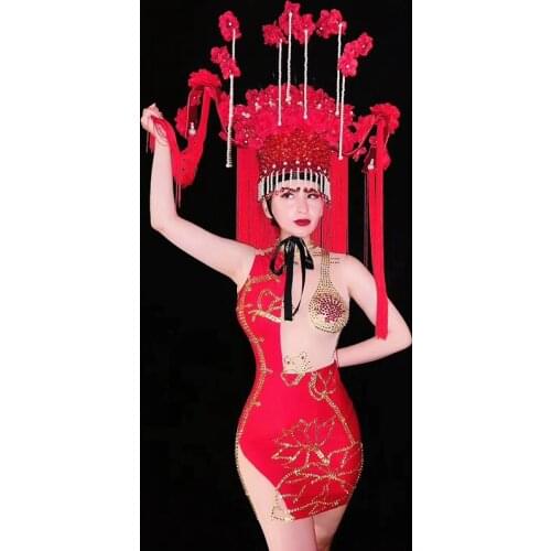 Gold Rhinestones Transparent Dress Latin Dance Bar Outfit Birthday Celebrate Dress Women Prom Singer Dancer Dress DWY3255