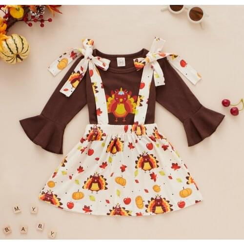 2Pcs Thanksgiving Day Little Girls Outfit Creative Chicken Printing Flare Long Sleeve Round Collar Tops + Suspender Skirt