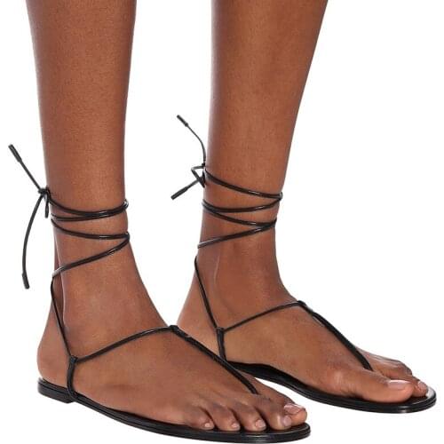 2021 Summer Flats Sandals Black Genuine Leather Fashion Flat Flip-flop Ankle Strap Large Size 34-46 Beach Sandalias Shoes Woman