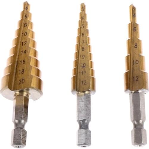 3pcs Hss Steel Titanium Coated Step Drill Bits 3-12mm 4-12mm 4-20mm Step Cone Cutting Tools Steel Wood Metal Drilling Power Set