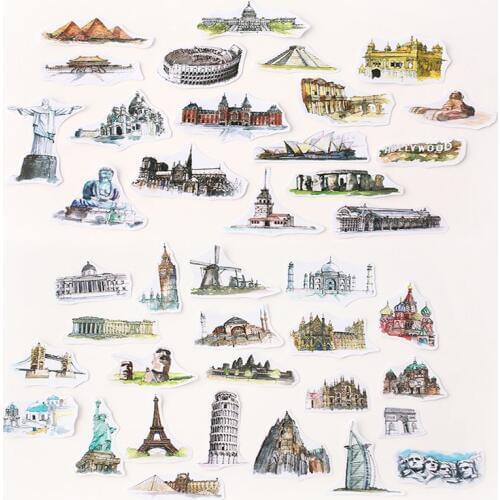 44 Different Landmark World City Scenery Sticker DIY Travel Diary Decoration Painting Building Sticky Paper Water Color Monument