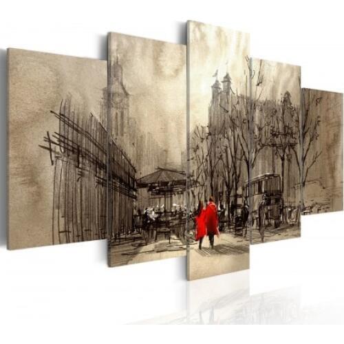 5 Pieces Sunset city building And red couple landscape print on canvas home decor for living room picture Framed PJMT-22