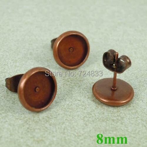 8mm Antique Copper tone Blank Earrings Bases Round Bezel Stud Pin Earrings Post w/ Stopper Earring Settings Findings Wholesale
