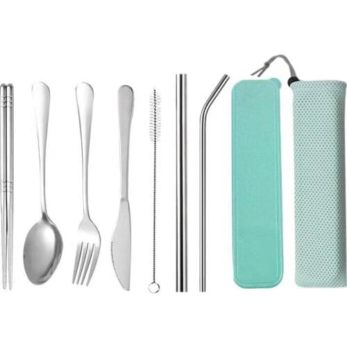 8pcs Portable Stainless Fork Spoon Set Travel Cutlery Cutter Chopstick Spoon Straw Set Reusable Dishwasher Safe Dinnerware Sets