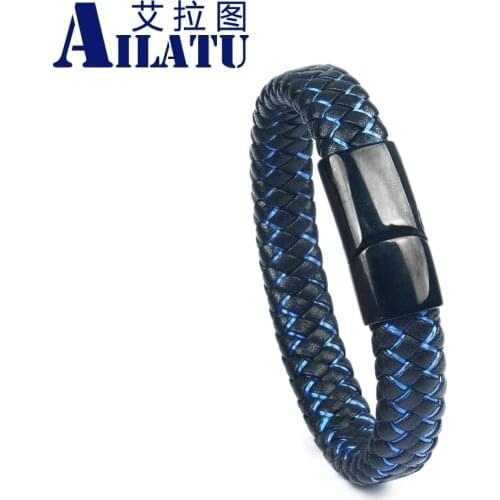 Ailatu 10pcs New Genuine Blue String Braided Stainless Steel Bangles Magnet Buckle Rope Chain Male Gift