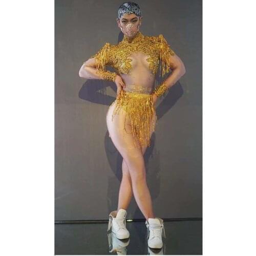 Sparkly Gold Rhinestones Tassels Shining Bodysuit Women Birthday Celebrity Prom Party Outfit Singer Stage Rompers Dance Costume