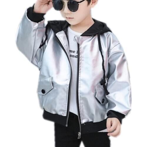 Kids Sport Leather Jacket Fall Boys Girl Hoodies Coat Reflective Silver Long Sleeve Outerwear Breathable Unisex Windbreaker 3-9Y