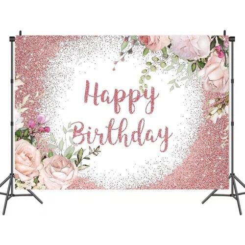 Pink White Glitter and Flowers Backdrops Photo Background House Decors for Baby Shower Birthday Party Portrait Photography Props