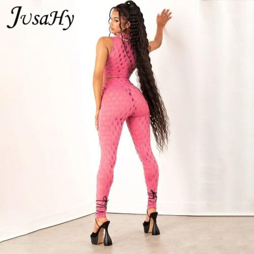 JusaHy Solid Sexy Hollow Out Two Piece Sets for Women Streetwear Tank Tops+Leggings Body-Shaping Skinny Slim Net Plaid Hole Set
