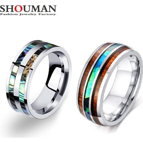 SHOUMAN High Polished Titanium Steel Real Wood Shell Vintage Finger Rings for Mens Wedding Band Cool Punk Jewelry