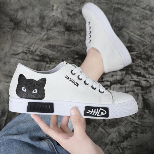 Fashion Sneakers Women Canvas Shoes Cartoon Cat Women Shoes White Sneakers Vulcanized Shoes Tenis Feminino Casual Flats Ladies