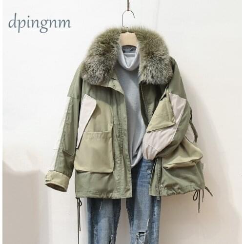 Winter Jacket Women Large Natural Fox Fur White Duck Down Coat Thick Parkas Warm Sash Tie Up Zipper Down Snow Outerwear