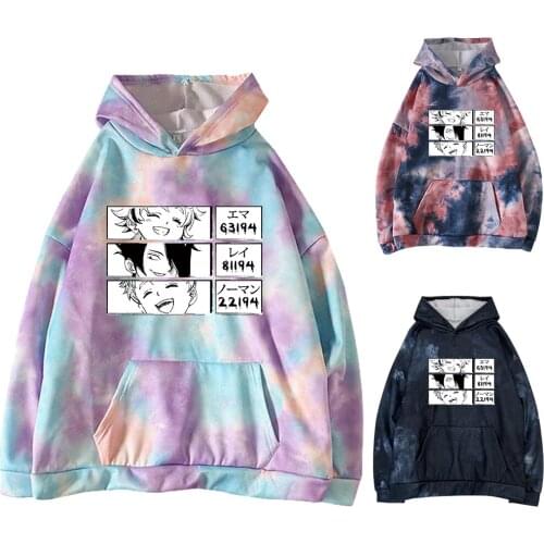 The Promised Neverland Hoodies Men Harajuku Japanese Anime Tie-dye Hoodies Streetwear Emma Norman Ray Graphic Hooded Male
