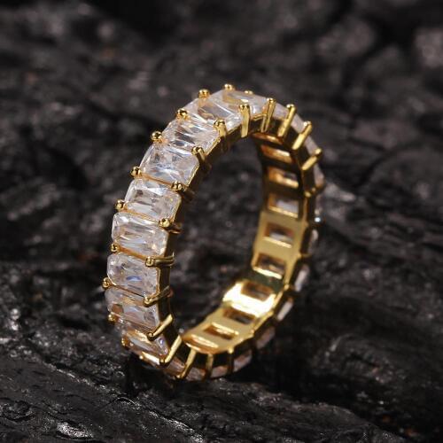 US7 1Row Square Iced Out Bling Cubic Zircon Charm Gold Ring Mens CZ Geometry Rings For Men Hip Hop Jewelry