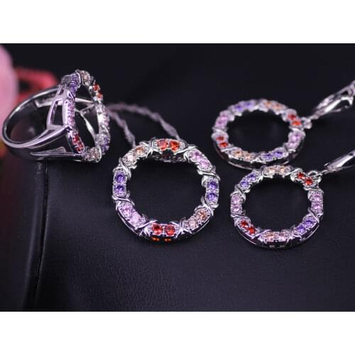 Big Round With Top Muliticolor Zircon 925 Sterling Silver Jewelry Set For Women Ring Earrings Necklace Set Bridal Jewelry