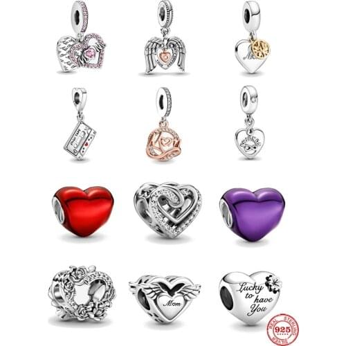 New 925 Sterling Silver Metallic Red Heart MUM DANGLE angel diy Charm bead Fit Original Pandora Bracelet DIY Jewelry For Women