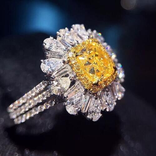 18K White Gold 1ct 6mm Center Yellow Cushion Cut Moissanite Halo Ring Ice Cut Side Pear And Buguette Wedding Ring For Women