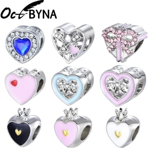 Octbyna Enamel Heart Shaped Bow Beads Rhinestone Charms European Fits Pandora Charm Bracelet&Necklace For Women Jewelry Making