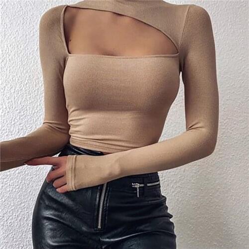 Sexy Off Shoulder Strap Bodycon Blouse Women Hollow Out Long Sleeve Blusa Shirt Lady Spring Autumn Turtleneck Pullover Top