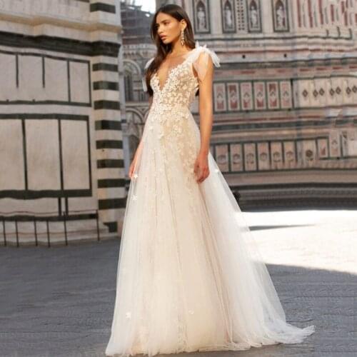 Eightree Sexy Ivory Boho Wedding Dress Lace Applique Side Slit Bride Dress Wedding Gown A Line Backless Tulle Mariage Customsize