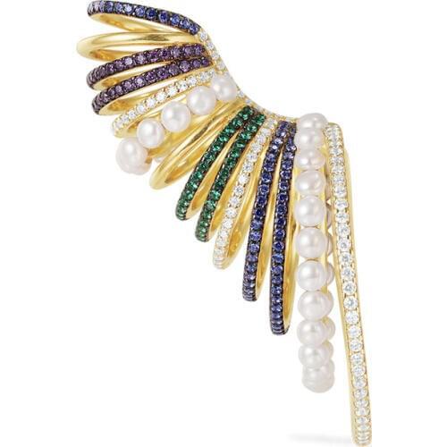 SLJELY Luxury 925 Sterling Silver Big Multicolor Hoop Ear Cuff with Pearls Zirconia Circles Clip Earring Women Fine Jewelry