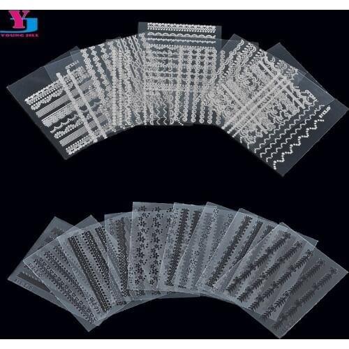 30sheet Nail Art Frensh Sticker 3D Floral Lace White Black Nails Foil For Nail Polish DIY Manicure Nagels Tip Decorations Tools