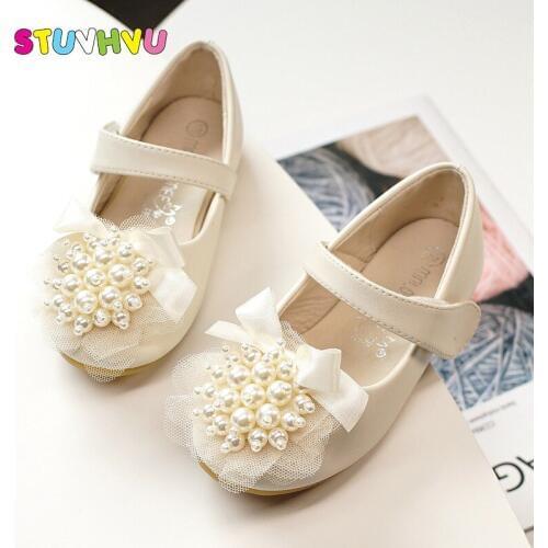 Brand Girls Shoes Leather Soft Non-slip Children Casual Shoes Fashion Lace Pearl Party Wedding Girls Princess Shoes Pink Beige