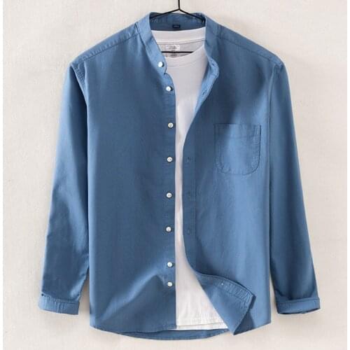 Solid Color Stand-up Oxford 100% Cotton Longsleeve Shirt for Men Korean Clothes Mens Fashion Clothing Trends Button Up Shirt