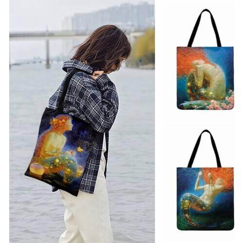 Outdoor Beach Bags Mermaid Fairy Tale Oil Painting Art Print Tote Bag For Women Casual Tote Ladies Shoulder Bag Shopping Bag