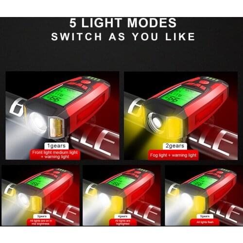 3-in-1 Bike Headlight USB Rechargeable with Stopwatch Horn Lamp 5 Lighting Modes MTB Front Light for Cycling Bicycle Accessories