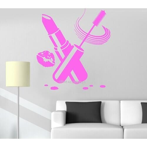 Wall Stickers For Girl Rooms Vinyl Wall Decal Cosmetics Beauty Salon Make Up Lipstick Decals Art Fashion Bedroom Wallpaper LA626