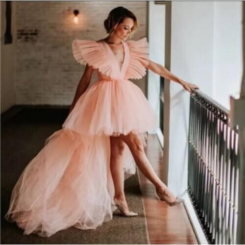 Candy Color Photoshoot Puffy Prom Gowns Peach Lush Formal Dress Pleated Customize Hi Low Tiered Ruffle Party Dresses