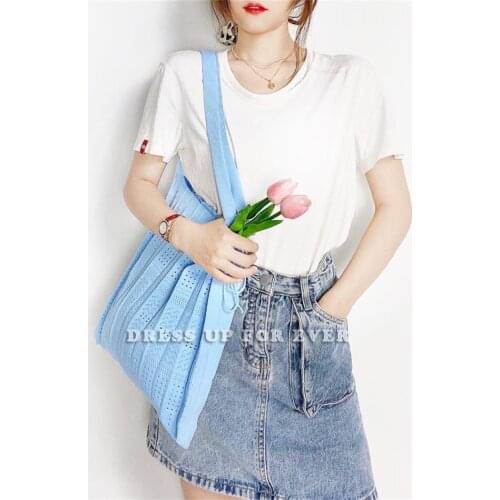 Female Candy Colors Organ Bag Chic Wool Knitting Pleated Fold Bow-Knot Design Hollow Large Capacity Shoulder Handbag For Women