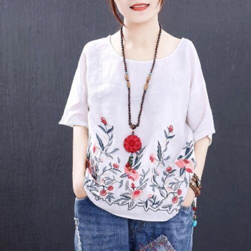 Blouse Women Plus size Vintage White Floral Embroidery Blouse Short Sleeve Summer Cotton Linen Casual Ladies Tops 4XL
