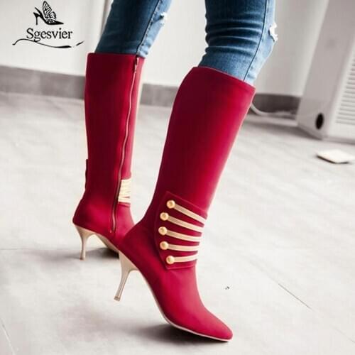 Sgesvier 2020 Fashion Women Knee High Boots All Match Thin High Heel Pointed Toe Women Motorcycle Boots Plus Size 32-45 OX543