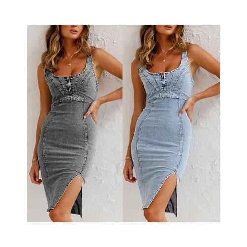 2021 Summer Black Sexy Womens Sling Slit Irregular Elastic Washing Denim Blue Dress Female Zipper Halter Back Zipper Open Back